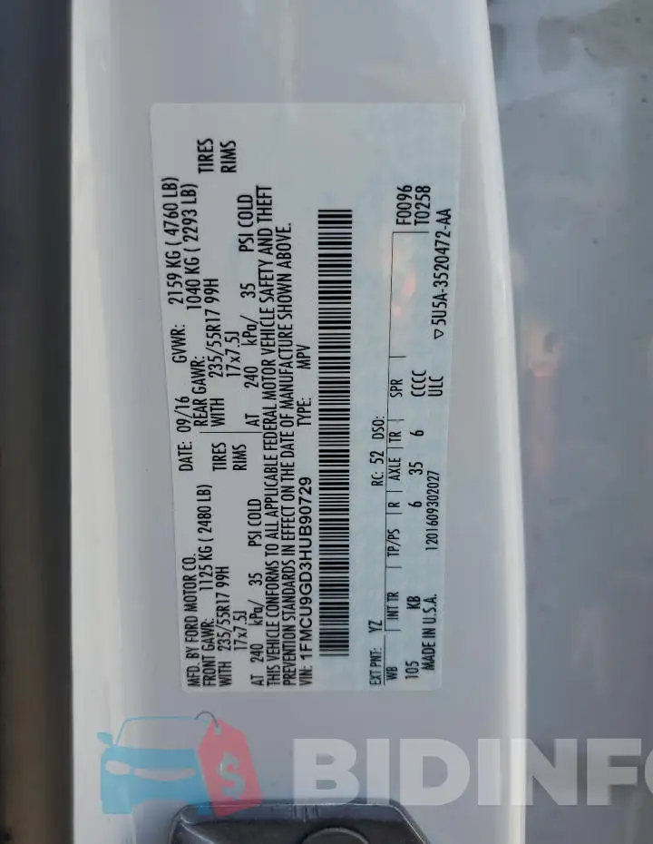1FMCU9GD3HUB90729 Photo# 13