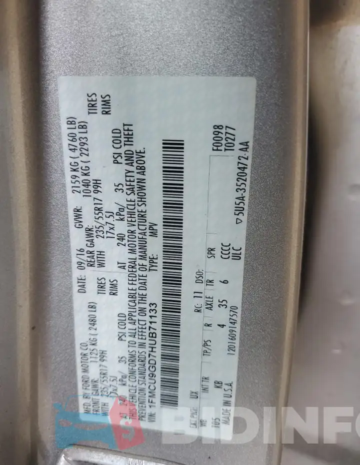 1FMCU9GD7HUB71133 Photo# 13