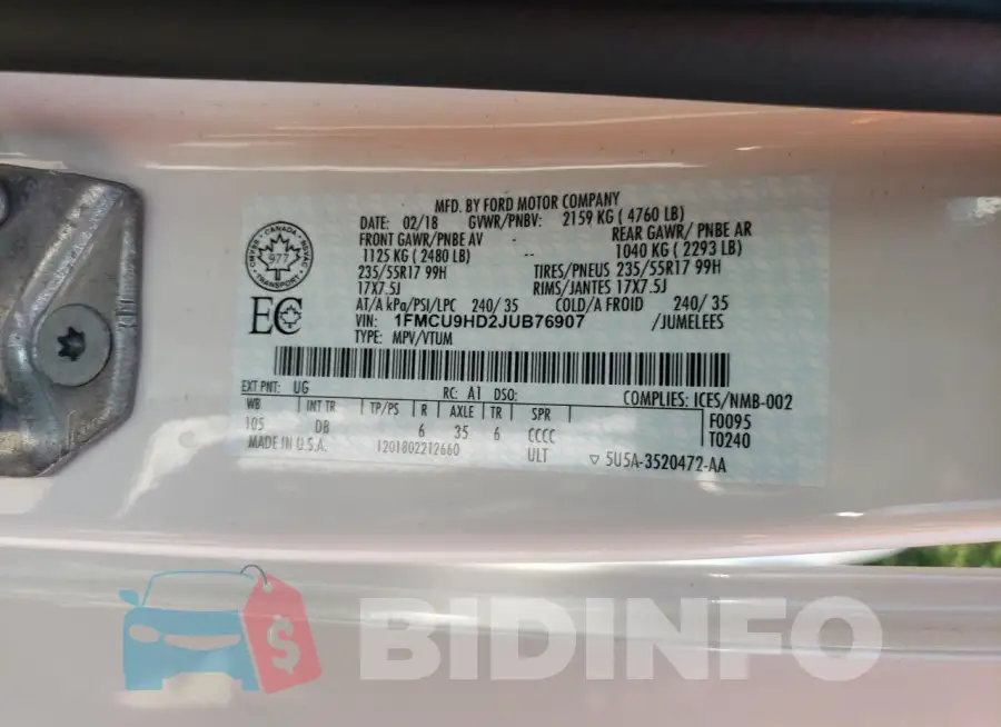 1FMCU9HD2JUB76907 Photo# 14