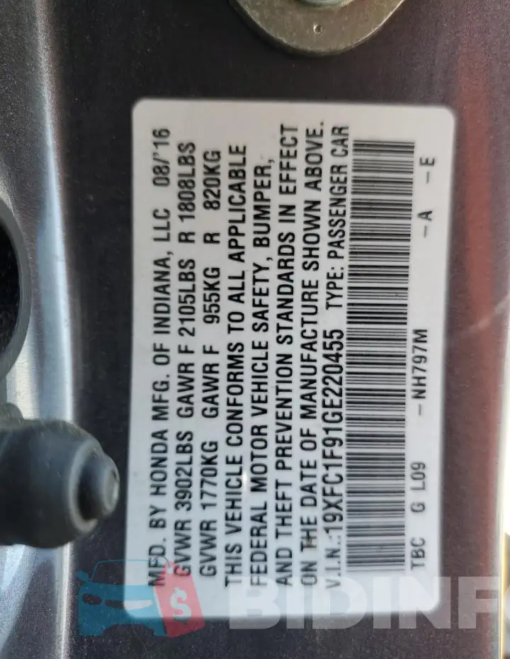 19XFC1F91GE220455 Photo# 12
