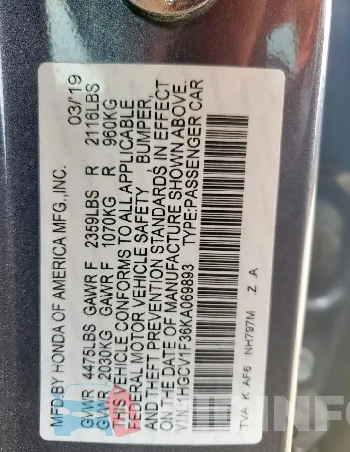 1HGCV1F36KA069893 Photo# 12