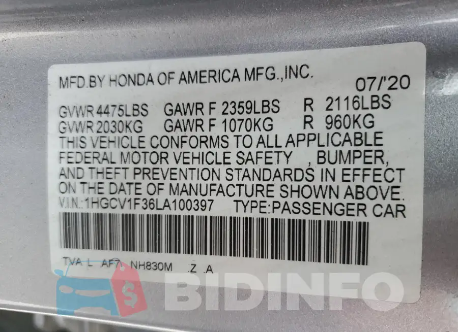 1HGCV1F36LA100397 Photo# 12