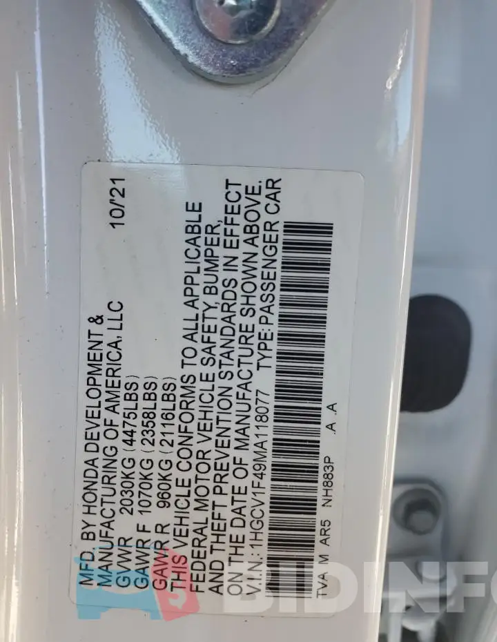 1HGCV1F49MA118077 Photo# 12