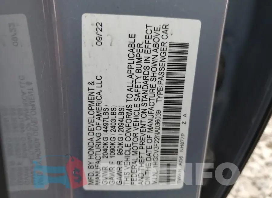 1HGCV3F22NA036039 Photo# 13