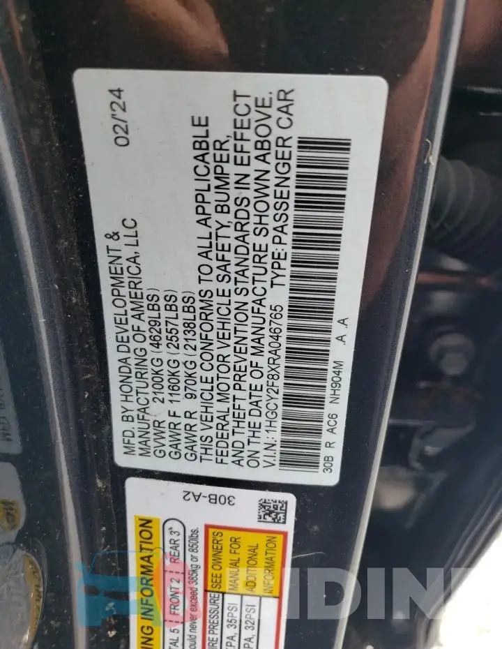1HGCY2F8XRA046765 Photo# 12