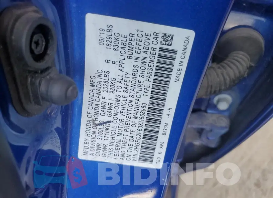 2HGFC2F63KH568980 Photo# 12