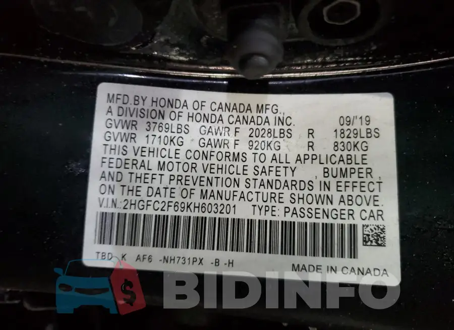 2HGFC2F69KH603201 Photo# 12