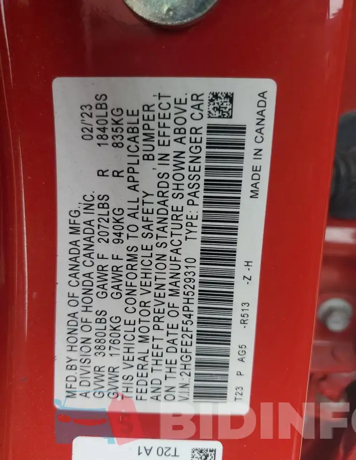 2HGFE2F54PH529310 Photo# 12
