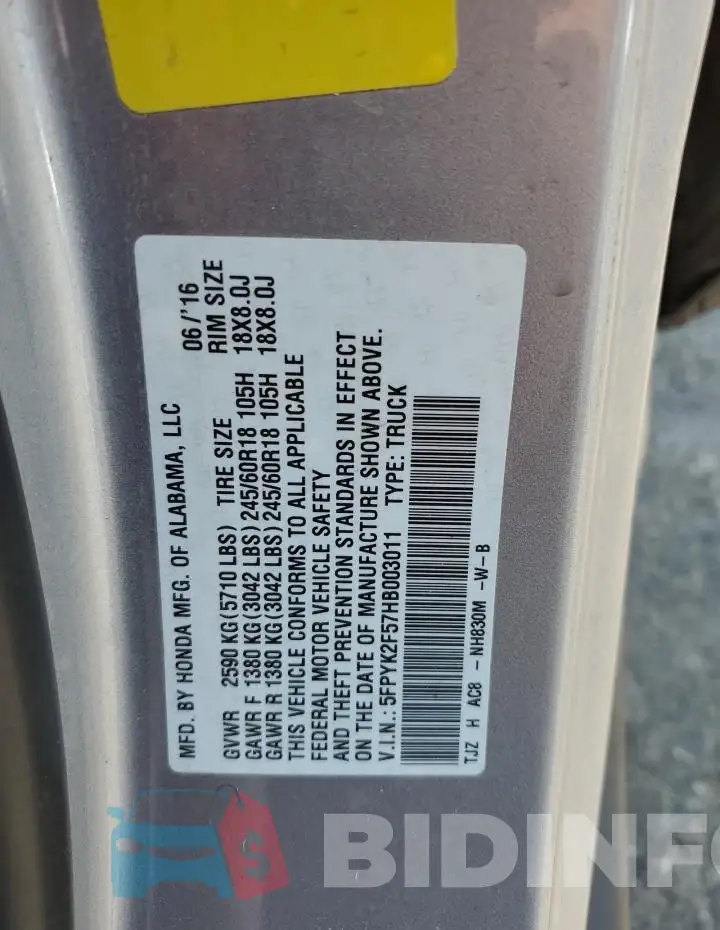 5FPYK2F57HB003011 Photo# 13