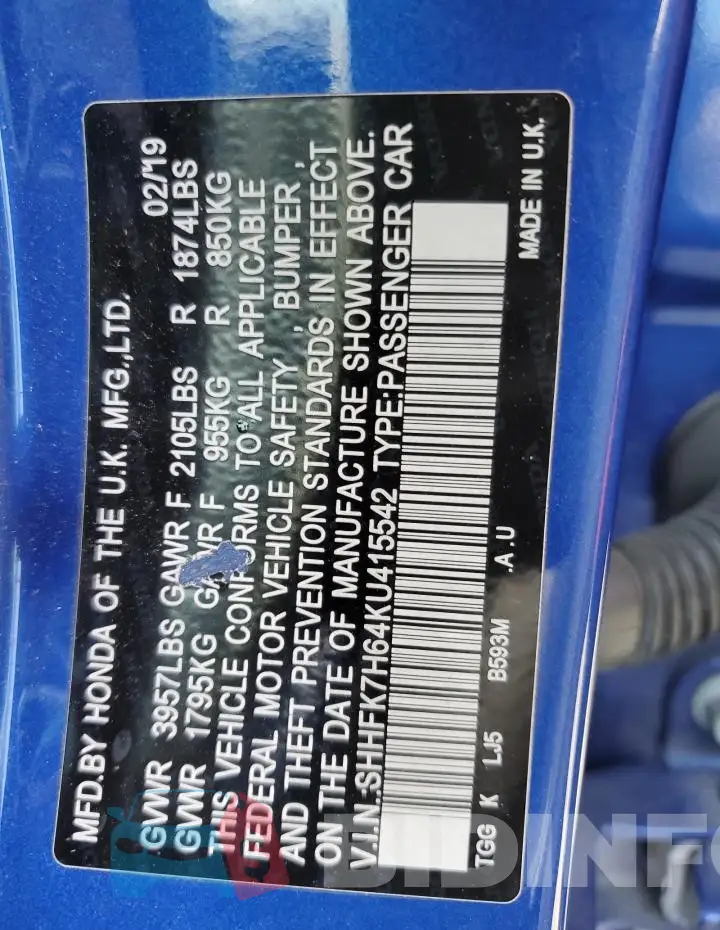 SHHFK7H64KU415542 Photo# 13