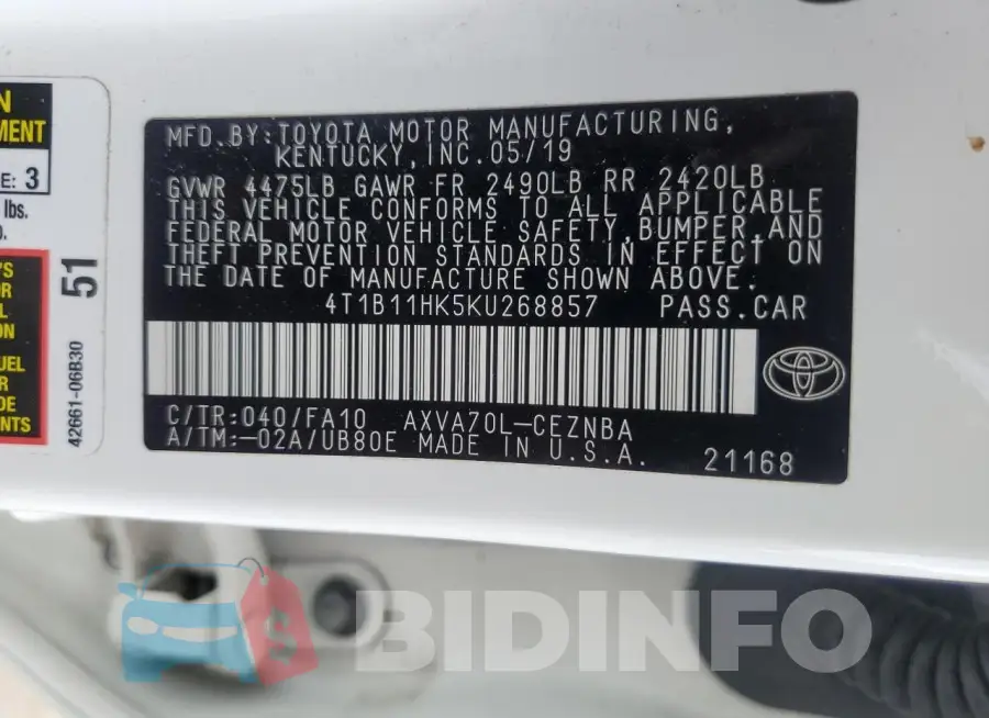 4T1B11HK5KU268857 Photo# 12