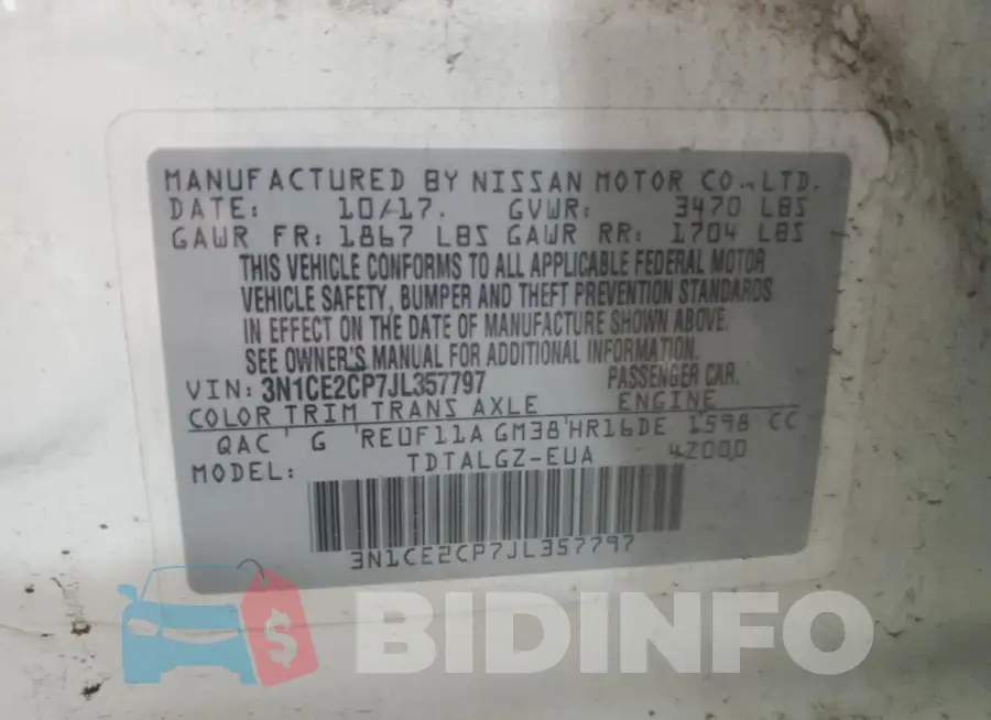 3N1CE2CP7JL357797 Photo# 13