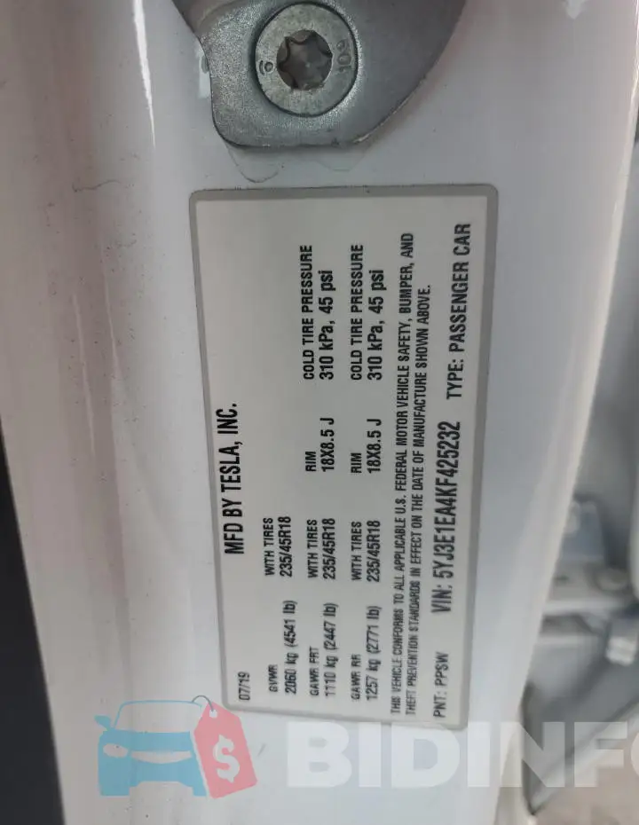 5YJ3E1EA4KF425232 Photo# 12