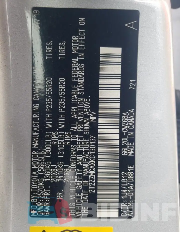 2T2ZZMCAXKC130137 Photo# 14