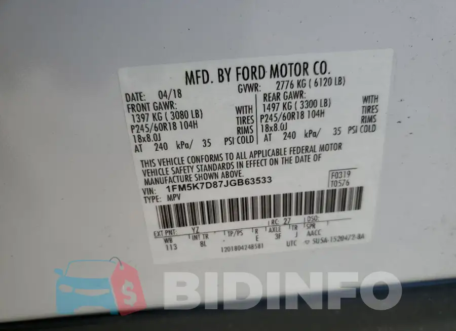 1FM5K7D87JGB63533 Photo# 13