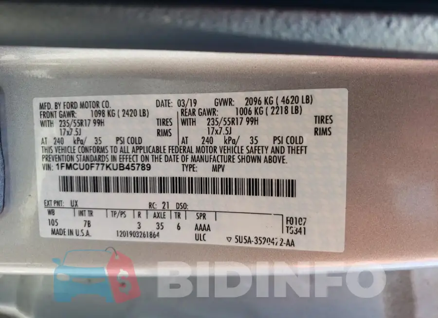 1FMCU0F77KUB45789 Photo# 13