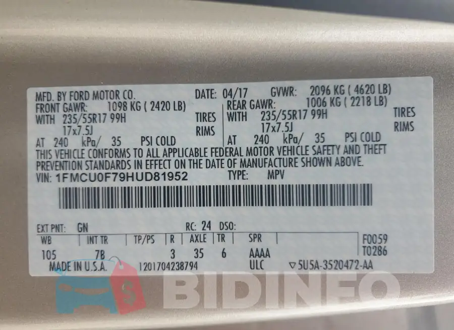 1FMCU0F79HUD81952 Photo# 14