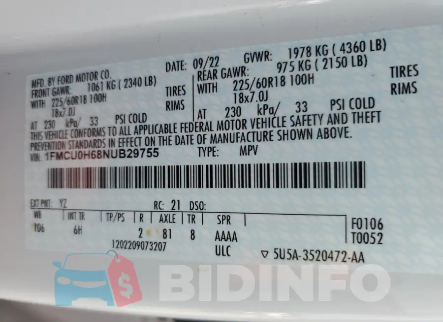 1FMCU0H68NUB29755 Photo# 12