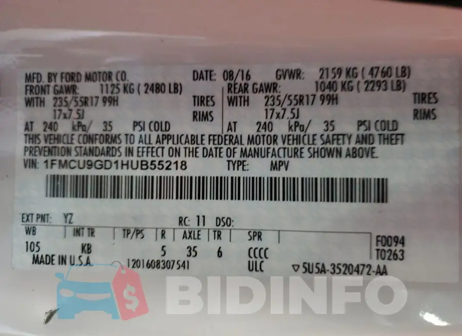 1FMCU9GD1HUB55218 Photo# 13