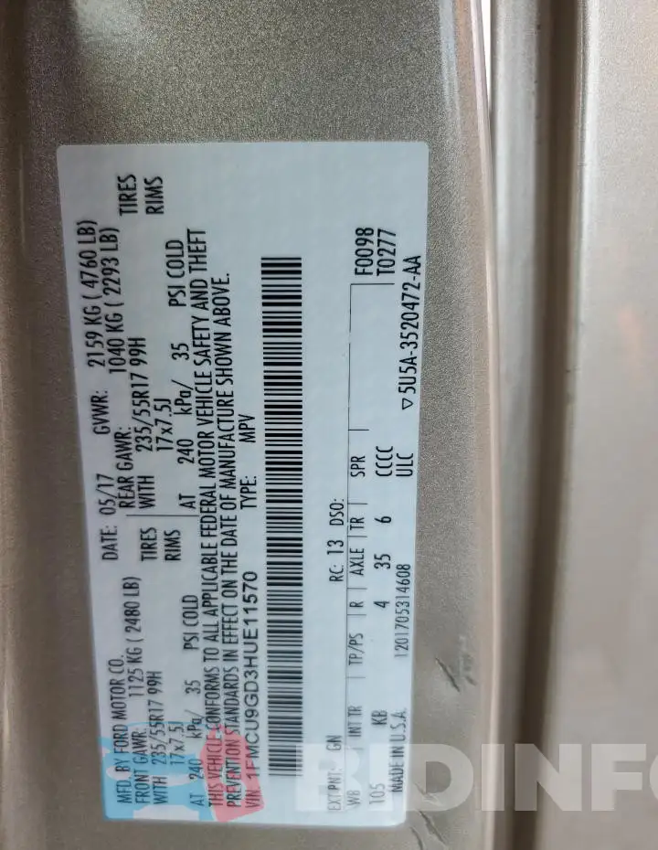 1FMCU9GD3HUE11570 Photo# 13