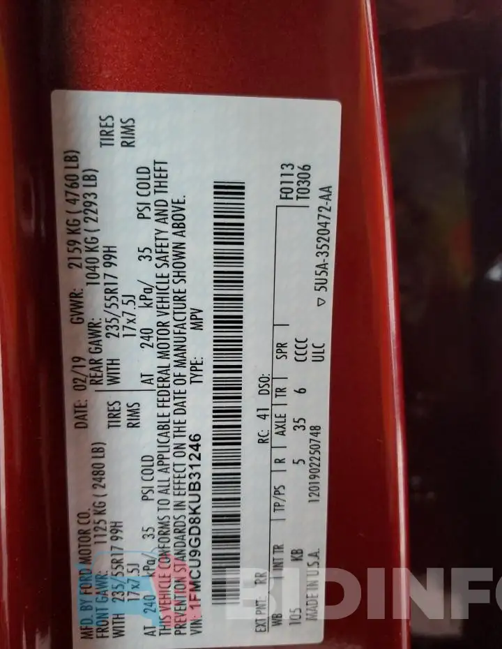 1FMCU9GD8KUB31246 Photo# 12
