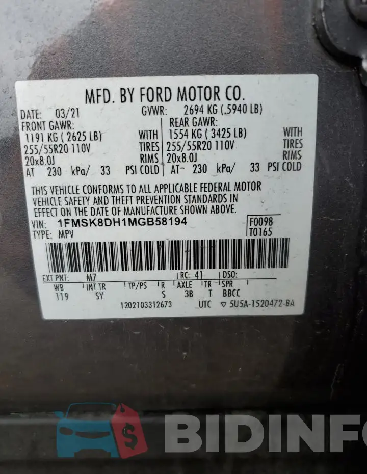 1FMSK8DH1MGB58194 Photo# 14