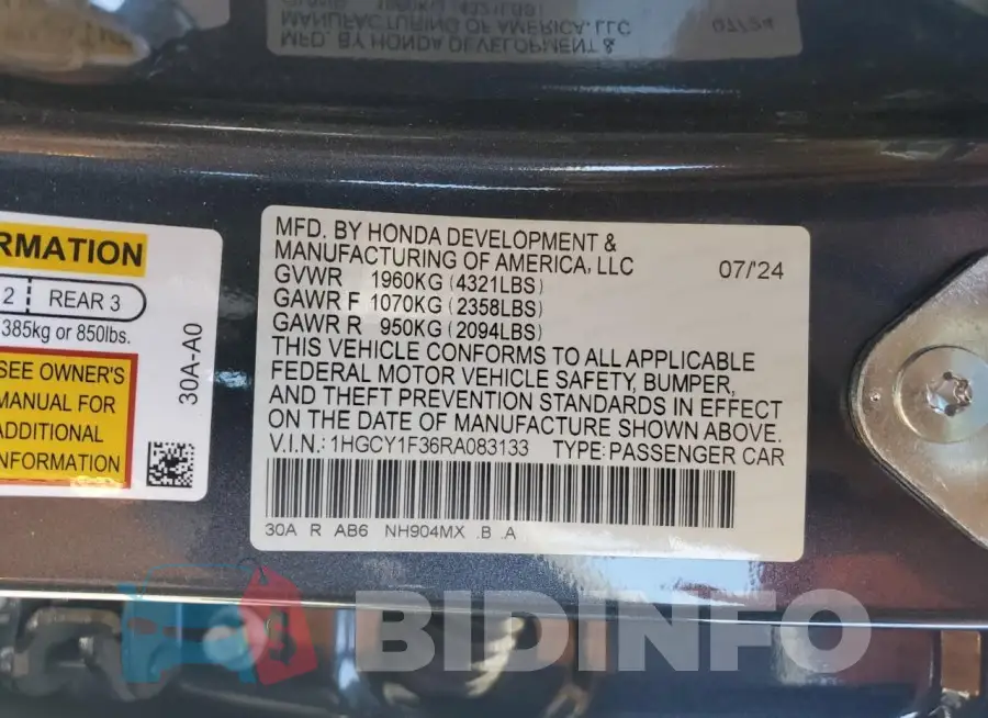 1HGCY1F36RA083133 Photo# 12