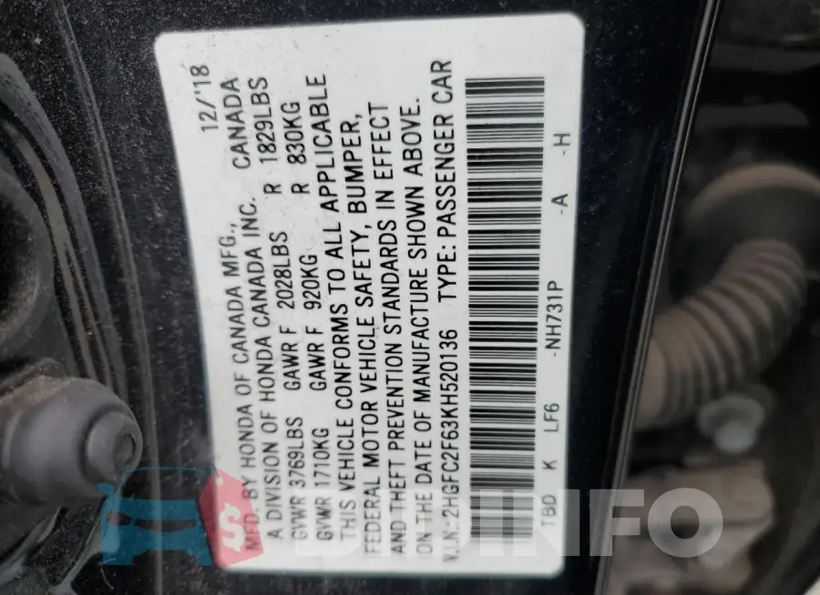 2HGFC2F63KH520136 Photo# 12