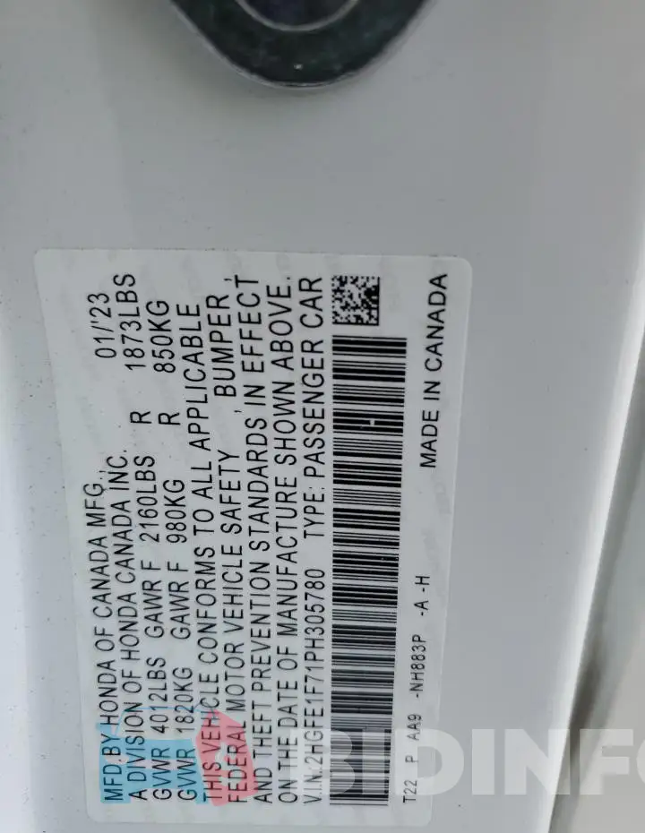 2HGFE1F71PH305780 Photo# 12