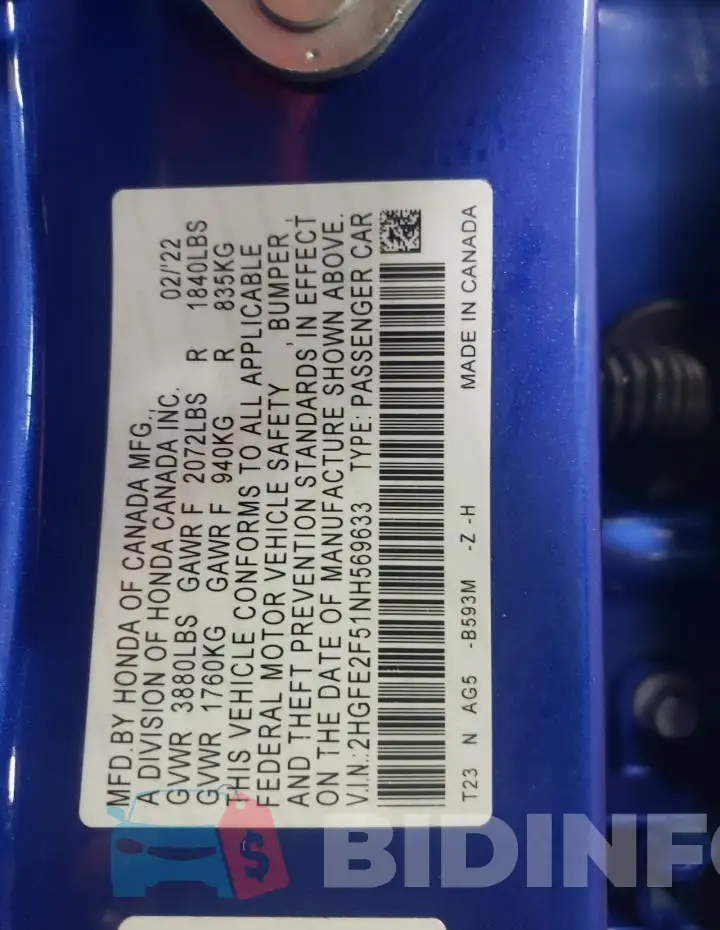 2HGFE2F51NH569633 Photo# 12