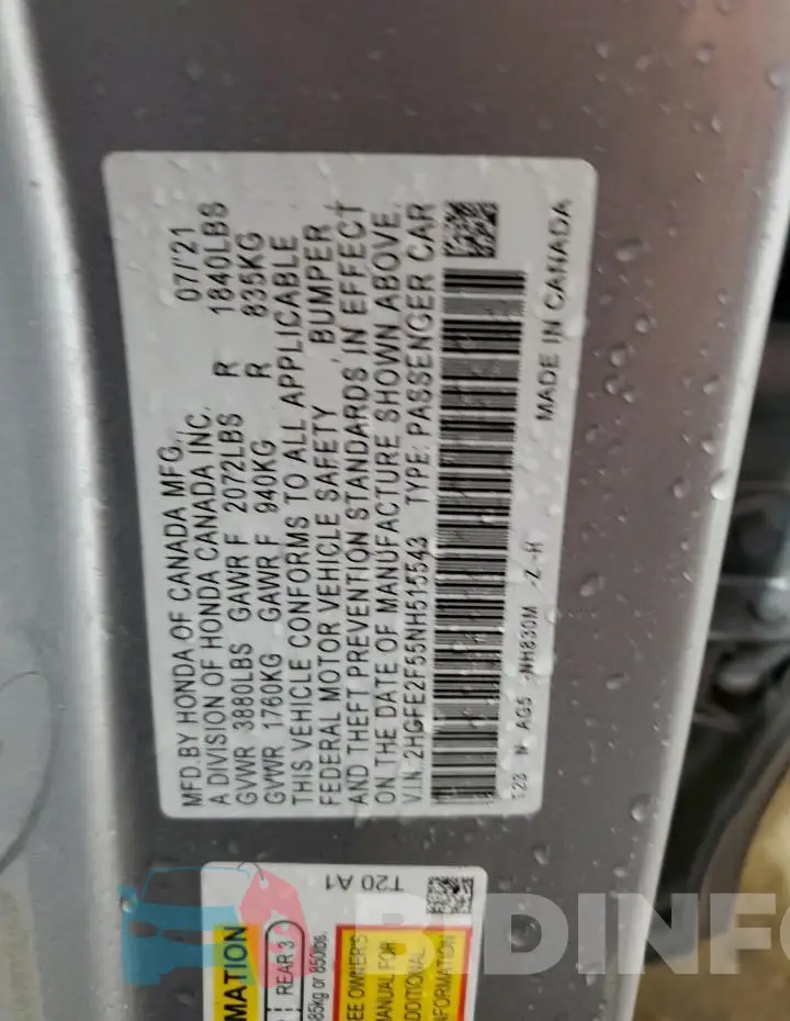 2HGFE2F55NH515543 Photo# 12