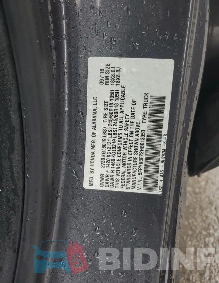 5FPYK3F22HB013053 Photo# 12