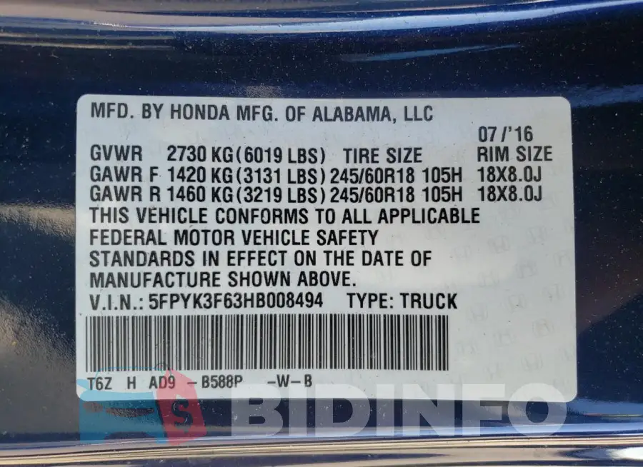 5FPYK3F63HB008494 Photo# 12