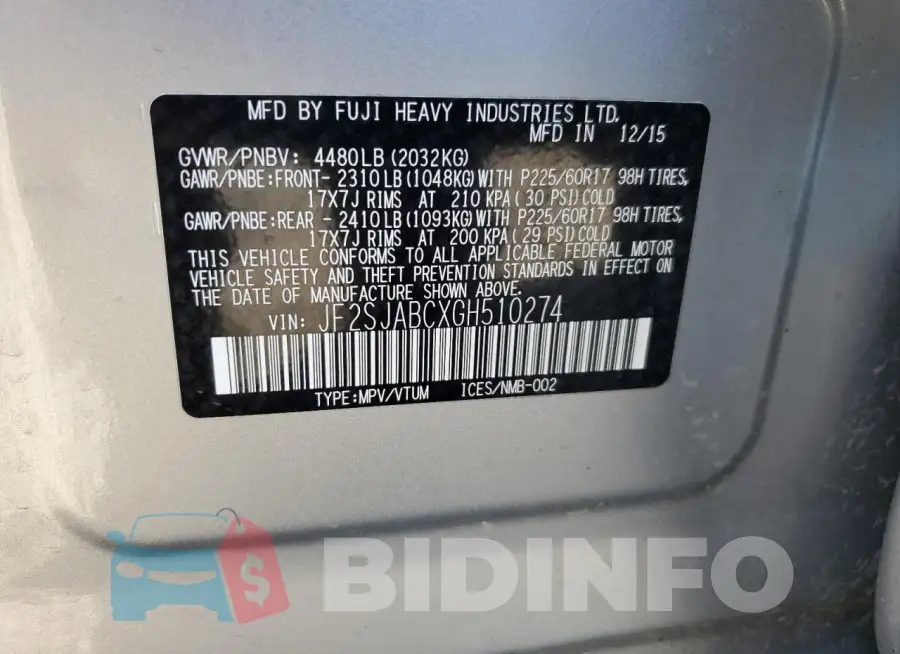 JF2SJABCXGH510274 Photo# 13