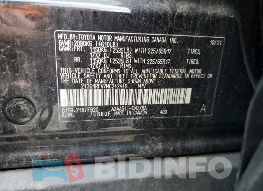 2T3G1RFV7MC242449 Photo# 13