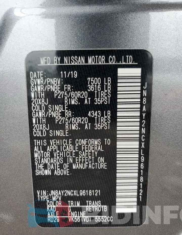 JN8AY2NCXL9618121 Photo# 14