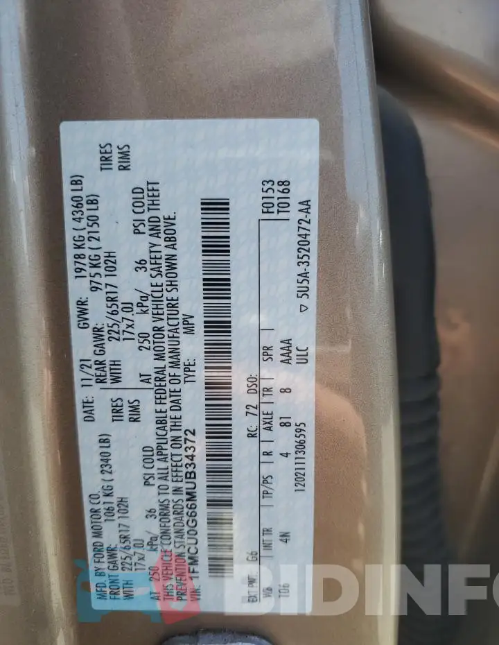 1FMCU0G66MUB34372 Photo# 14