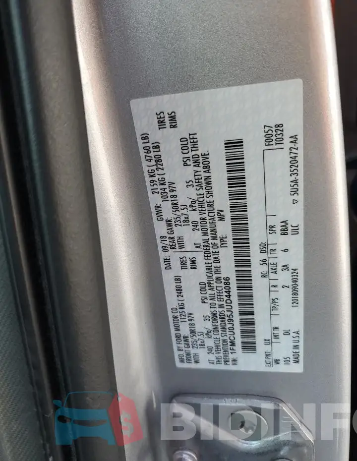 1FMCU0J95JUD44086 Photo# 13