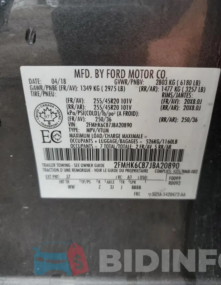 2FMHK6C87JBA20890 Photo# 14