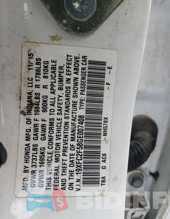 19XFC2F58GE007408 Photo# 12