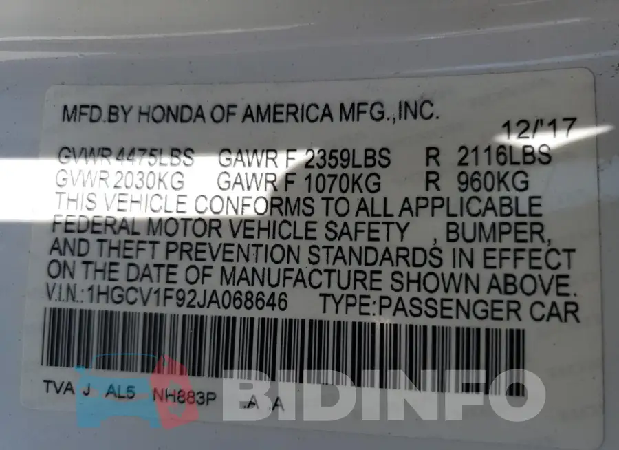 1HGCV1F92JA068646 Photo# 13
