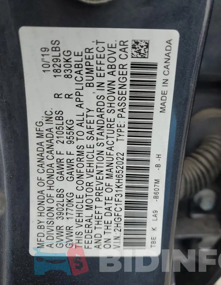 2HGFC1F31KH652022 Photo# 12