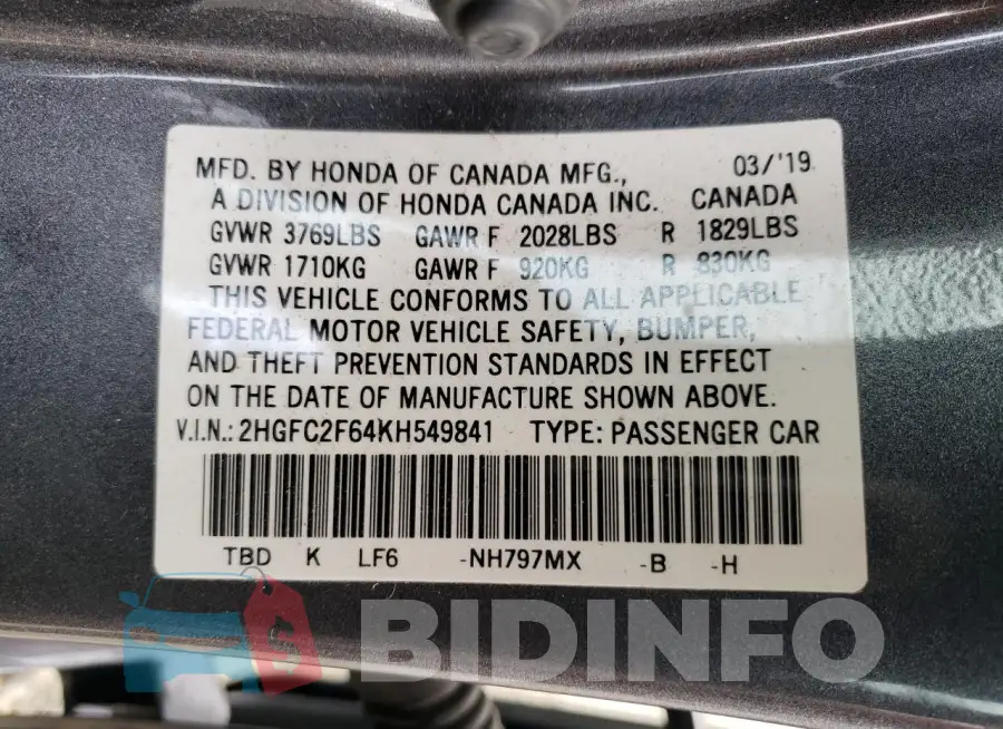 2HGFC2F64KH549841 Photo# 13