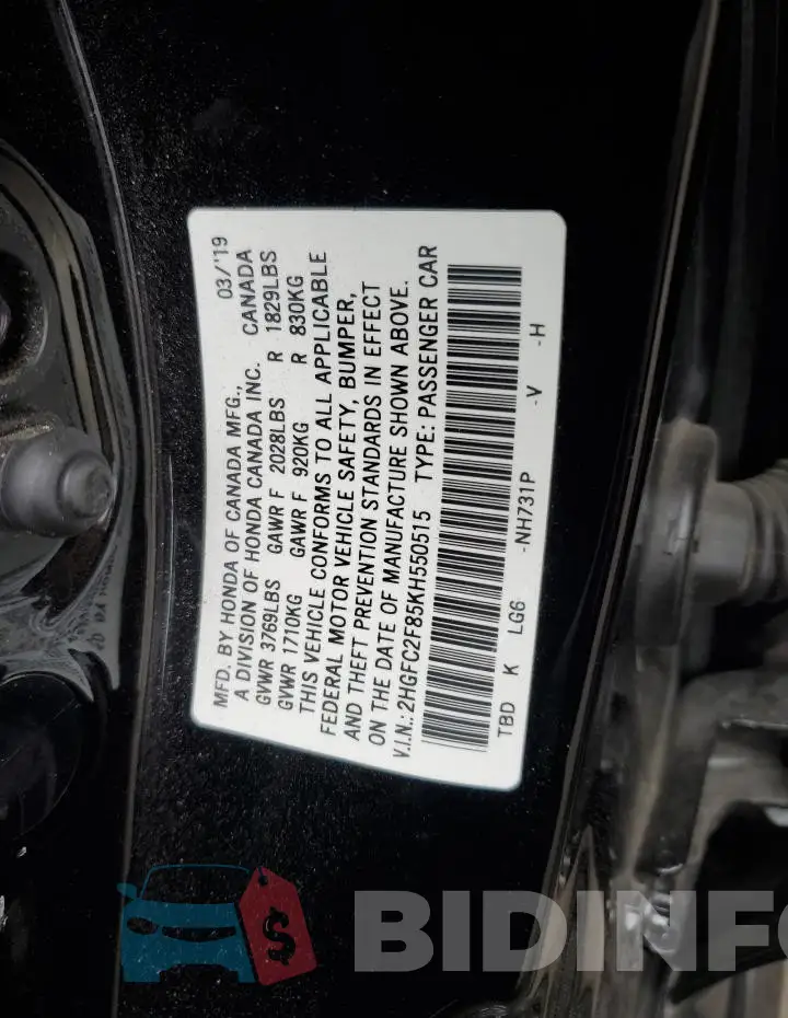 2HGFC2F85KH550515 Photo# 12