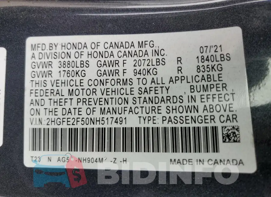 2HGFE2F50NH517491 Photo# 12