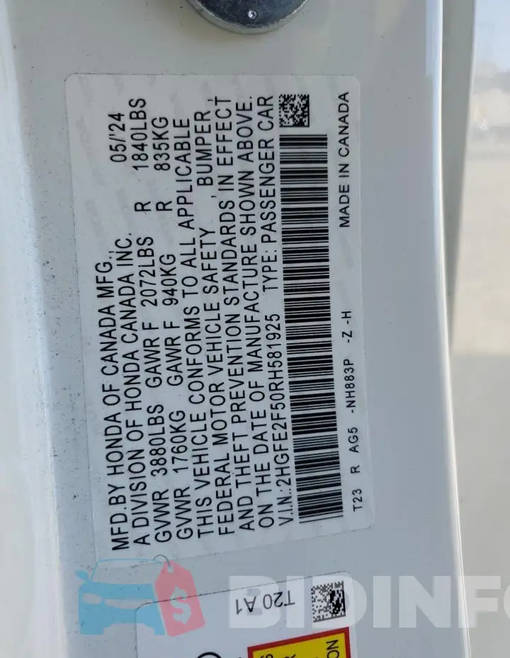 2HGFE2F50RH581925 Photo# 12