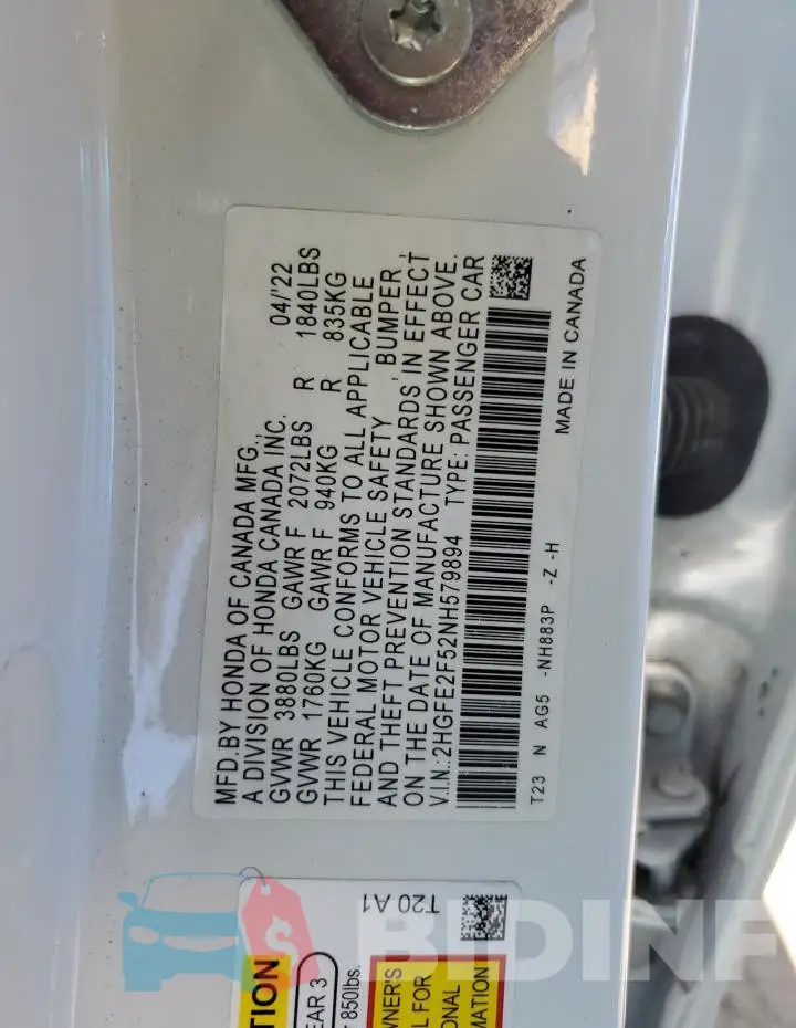 2HGFE2F52NH579894 Photo# 12