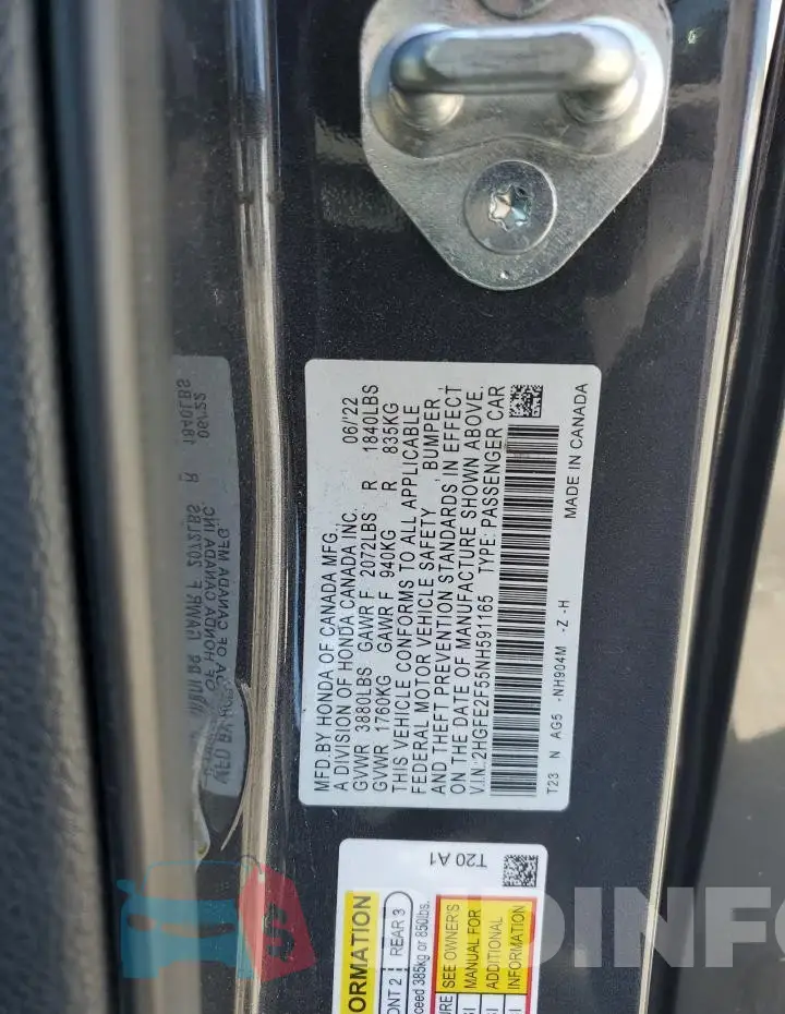2HGFE2F55NH591165 Photo# 12