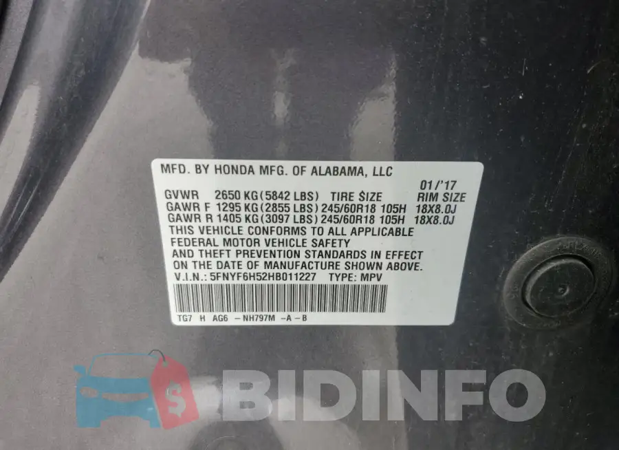 5FNYF6H52HB011227 Photo# 13