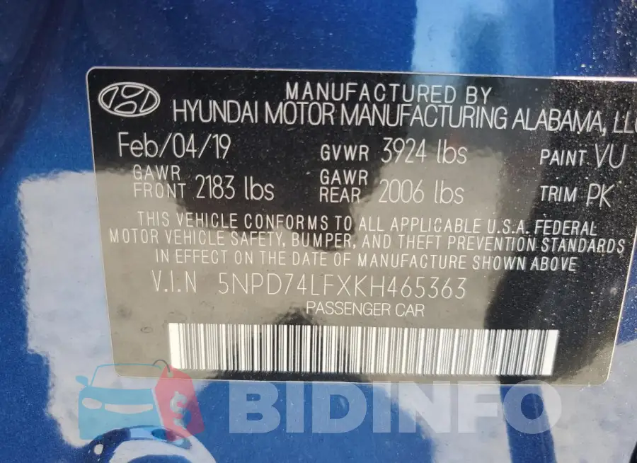 5NPD74LFXKH465363 Photo# 12